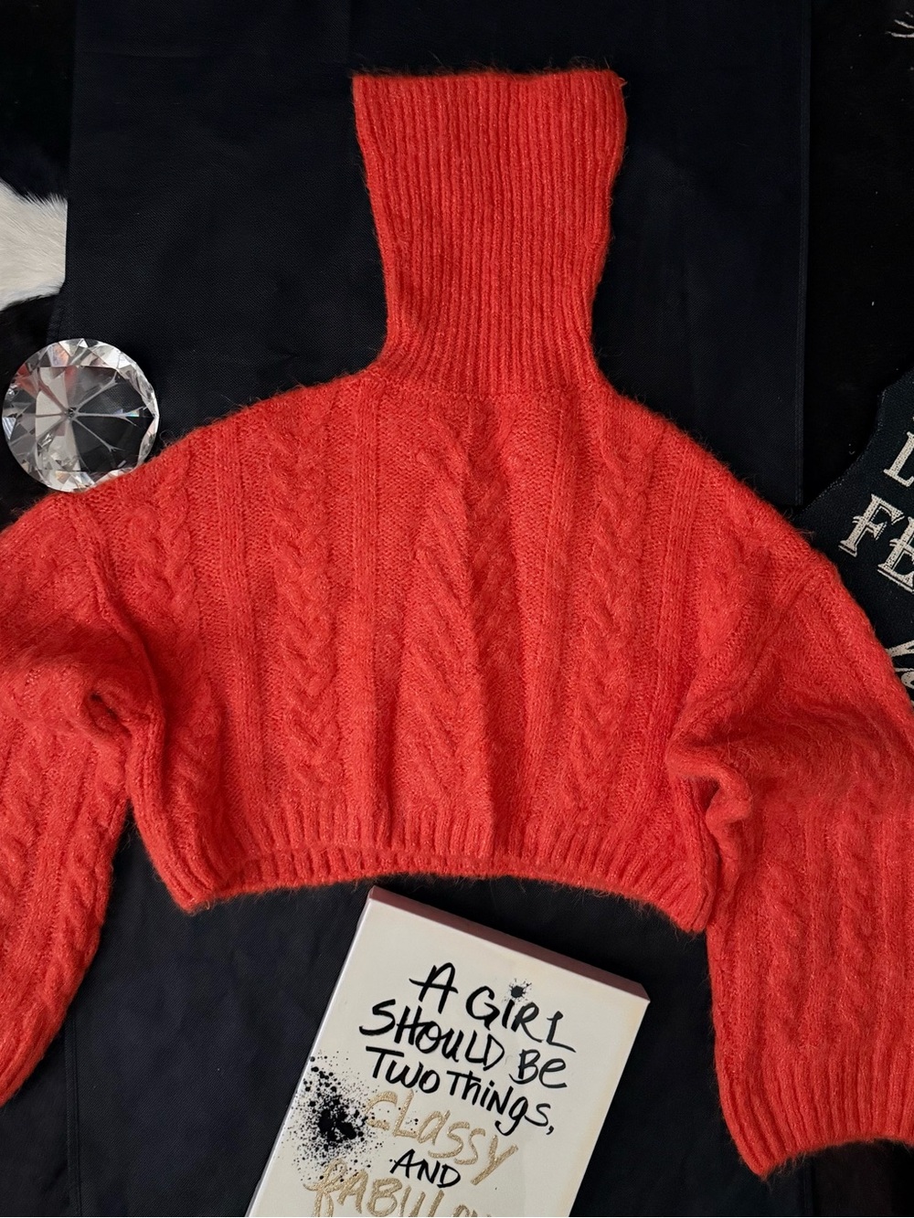 Zara Bright Red Cable-Knit Cropped Turtleneck Sweater